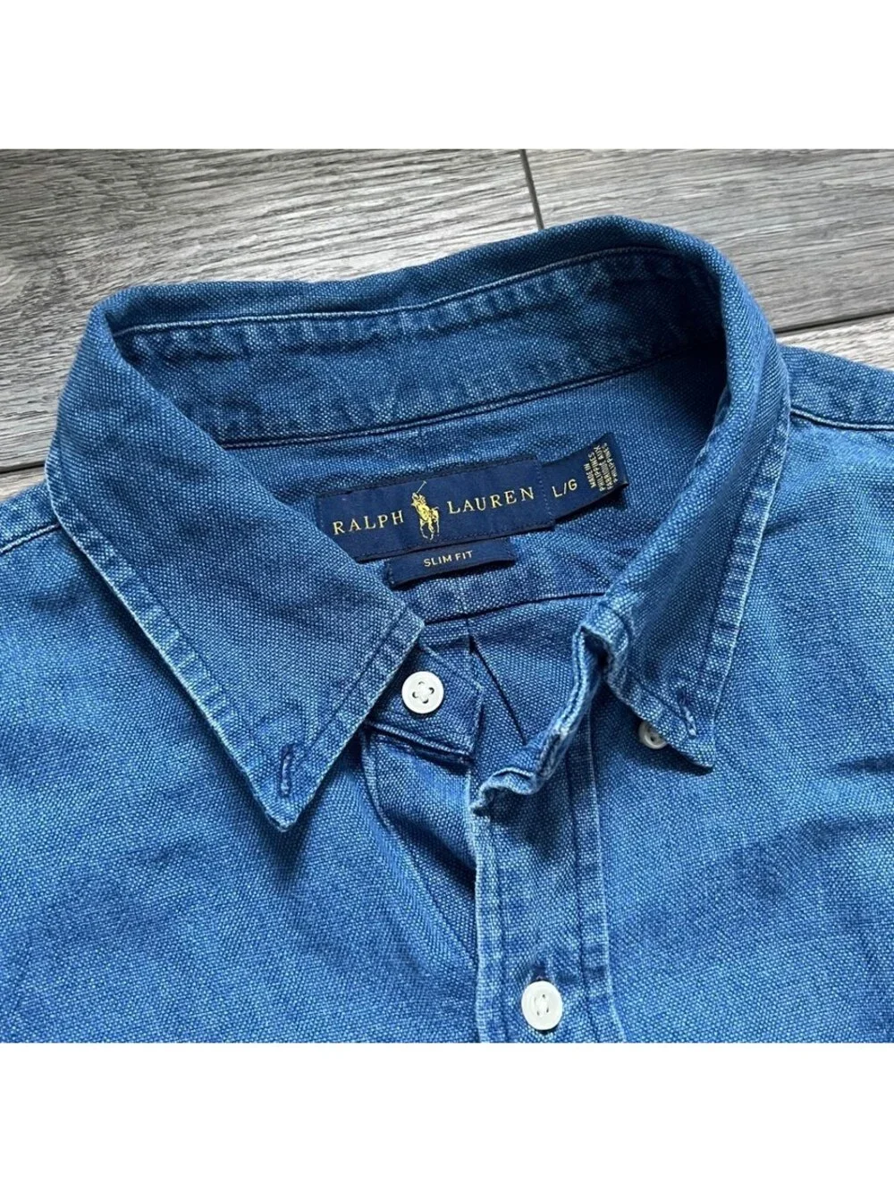 Polo Ralph Lauren Men's L Slim Fit Button Down Short Sleeve Cotton Shirt Blue